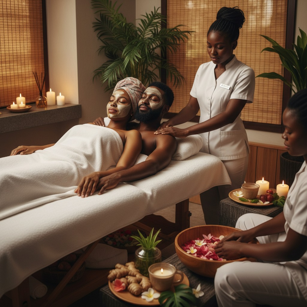 A Black woman and man lie side-by-side on a spa table wearing facial masks while a therapist gives the man a shoulder massage and another therapist sits nearby with a bowl of flower petals.